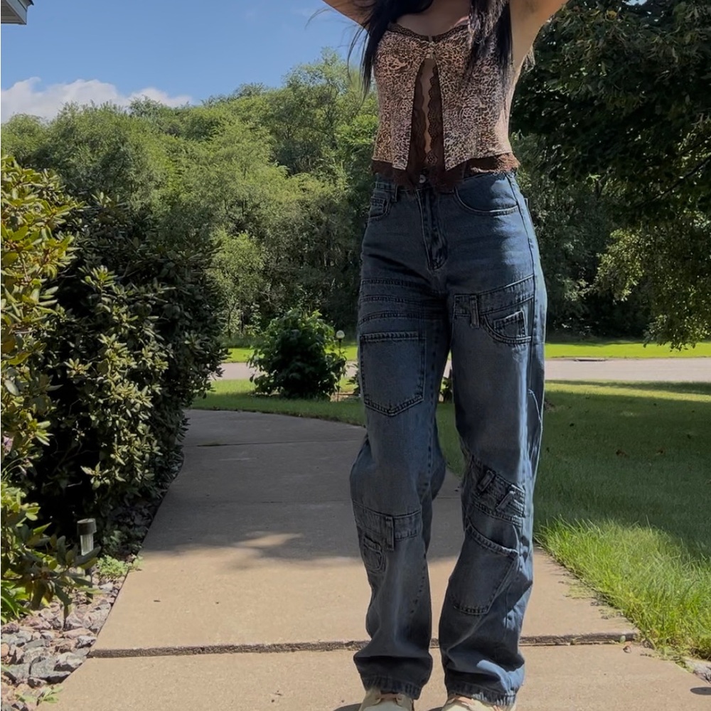 Patchwork Blue Straight Leg Jeans